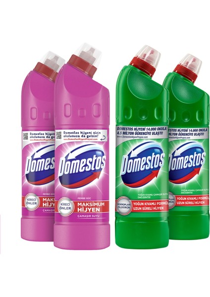 Yoğun Çamaşır Suyu Pembe Güç 750 ml x2 + Domestos Çamaşır Suyu Dağ Esintisi 750 ml x2