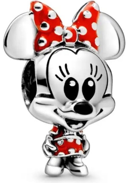 Gümüş S925 Damgalı Disney Puantiye Fiyonklu ve Elbiseli Minnie Charm