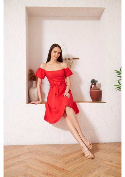 Kırmızı Omzu Açık Elbise DM1008