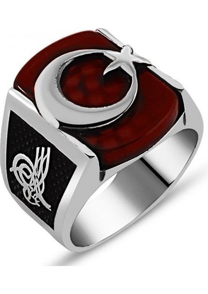 925 Ayar Gümüş Kırmızı Akik Taş Üzerine Ayyıldız Işlemeli Erkek Yüzük