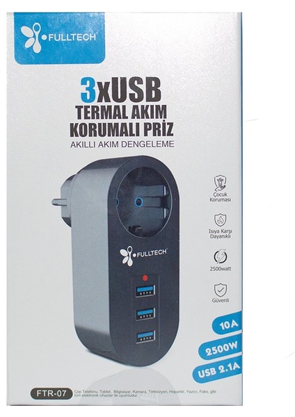 Akım Korumalı Tekli Priz - Akıllı Akım Dengeleme - 3xusb - Isıya Karşı Dayanıklı (3791)