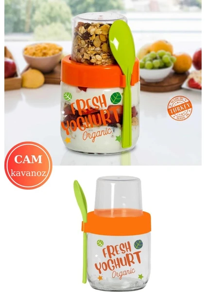 Kaşıklı Cam Müsli Kabı, Meyve Yoğurt Yulaf Müsli Granola Diyet Saklama Kabı 425ml