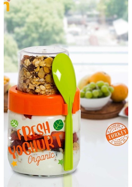 Kaşıklı Cam Müsli Kabı, Meyve Yoğurt Yulaf Müsli Granola Diyet Saklama Kabı 425ml