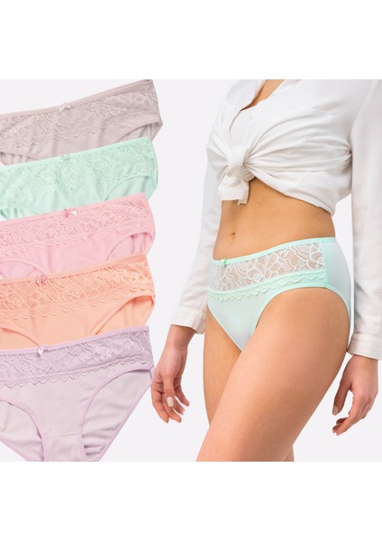 Pamuklu Kadın Külot Dantelli Yüksek Bel 5 Li Set Paket Likralı Slip Büyük Beden Geniş Kenarlı