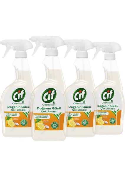 Doğanın Gücü Sprey Yağ ve Kir Leke Çıkarıcı Cleanboost Teknolojisi Limon ve Karbonat 750 ml X4