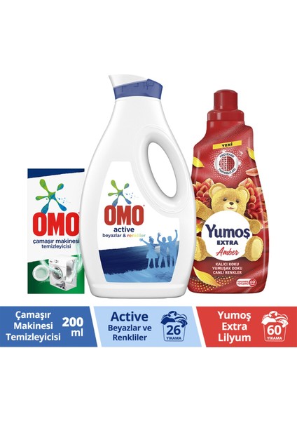 Makine Temizleyici 200 ml X1 + Omo Sıvı Deterjan 1690 ml X1 + Yumos Yumuşatıcı Amber 1440 ml X1