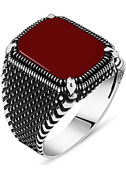 925 Ayar Gümüş Kırmızı Akik Taşlı Zarif Tasarım Erkek Yüzük