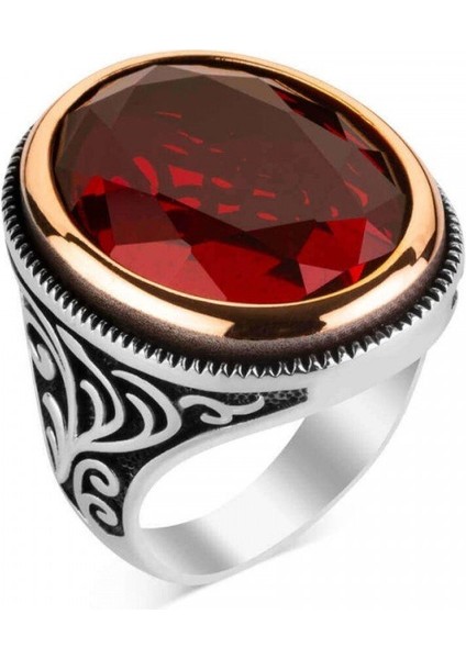 925 Ayar Gümüş Kırmızı Zirkon Taşlı Oval Fasetali Erkek Yüzük