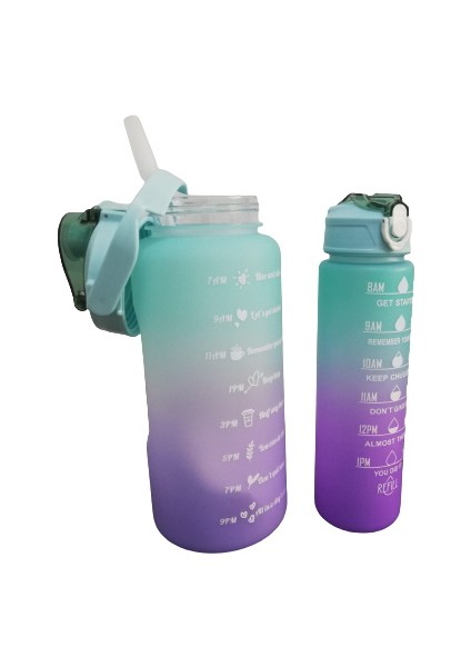 2'li Motivasyonel Işaretli Su Matarası - 2000+900 ml Ikiz Sporcu Tritan Su Matarası