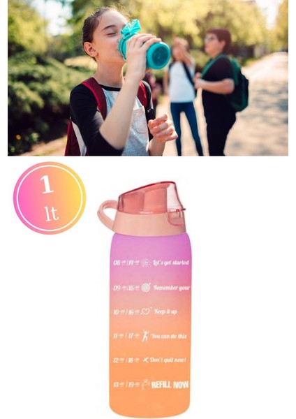 1 Litre Çift Renk Suluk, Okul ve Sporcu Matarası, Motivasyonel Su Şişesi 1000ML Turuncu