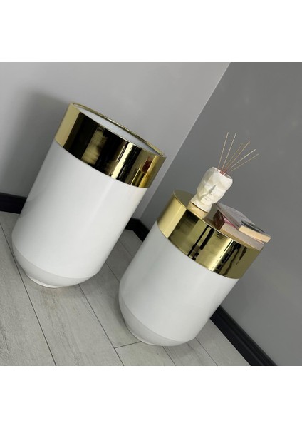 Dekoratif Gold Darbuka Parlak Beyaz Saksı 70 cm + Sehpa 60 cm Ikili Set