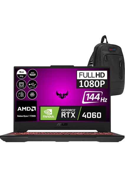 Tuf Gaming A15 FA507NV Amd Ryzen 7 7735HS 32GB 2tb SSD RTX4060-8GB Freedos 15.6" 144HZ Fhd Taşınabilir Bilgisayar LP023F06 + Zetta Çanta