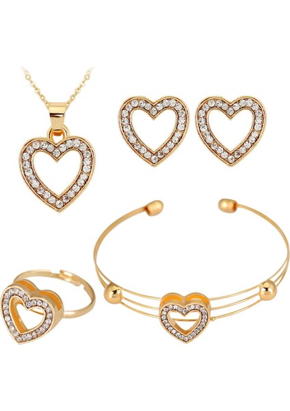 Rhinestone Gold Hear Tasarım Kolye Kulak Saplamalar Bilezik Takı Seti (Yurt Dışından)