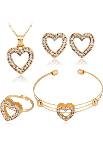 Rhinestone Gold Hear Tasarım Kolye Kulak Saplamalar Bilezik Takı Seti (Yurt Dışından)