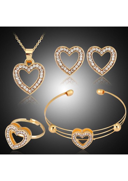 Rhinestone Gold Hear Tasarım Kolye Kulak Saplamalar Bilezik Takı Seti (Yurt Dışından)