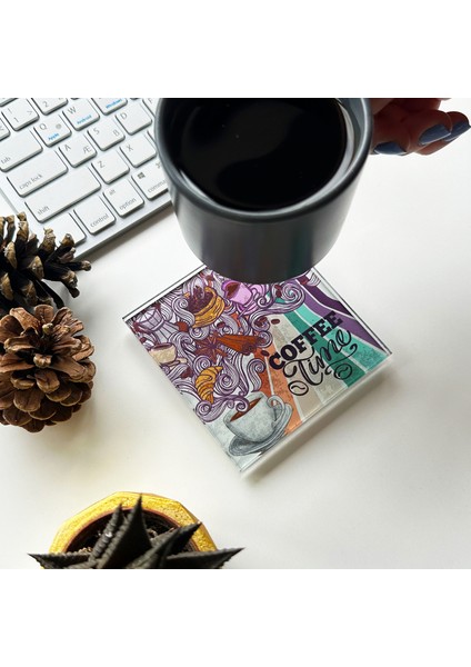 Cam Bardak Altlığı Retro Coffee 4'lü Takım 10 x 10 cm