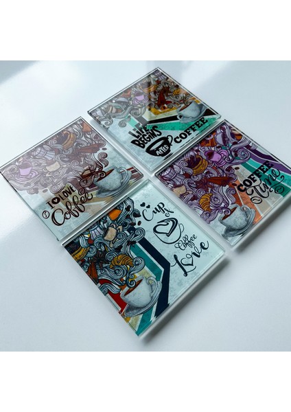 Cam Bardak Altlığı Retro Coffee 4'lü Takım 10 x 10 cm