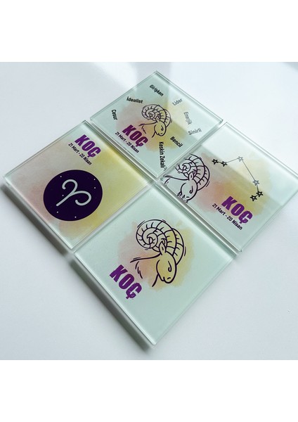 Cam Bardak Altlığı Burçlar Koç Burcu 4'lü Takım 10 x 10 cm