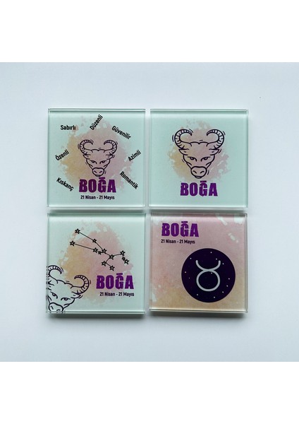 Cam Bardak Altlığı Burçlar Boğa Burcu 4'lü Takım 10 x 10 cm