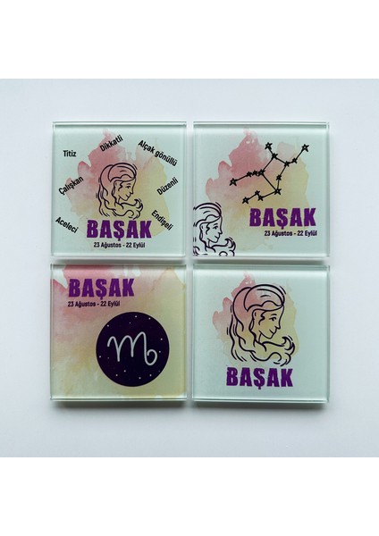 Cam Bardak Altlığı Burçlar Başak Burcu 4'lü Takım 10 x 10 cm