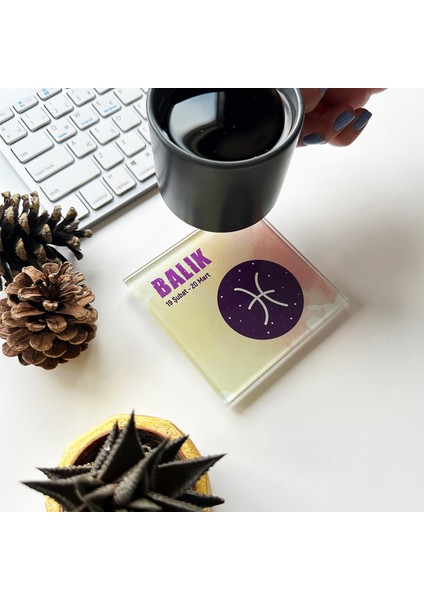 Cam Bardak Altlığı Burçlar Balık Burcu 4'lü Takım 10 x 10 cm