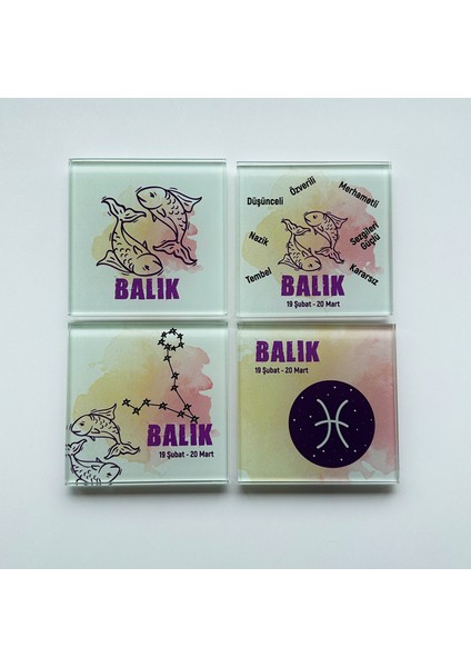 Cam Bardak Altlığı Burçlar Balık Burcu 4'lü Takım 10 x 10 cm