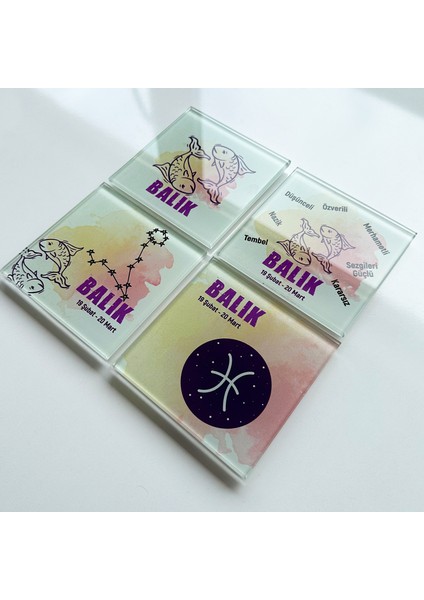 Cam Bardak Altlığı Burçlar Balık Burcu 4'lü Takım 10 x 10 cm