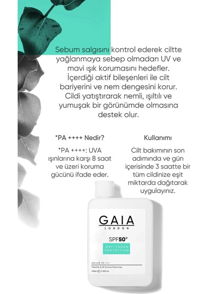 Gaia London Yağlı Ciltler İçin Mat Bitişli 50SPF+ Uva/uvb 100 ml Güneş Kremi