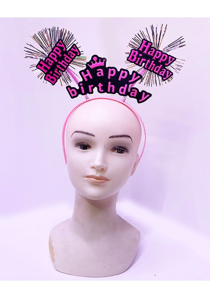 Happy Birthday Püsküllü Neon Pembe Renk Doğum Günü Tacı 22x19 cm (3791)