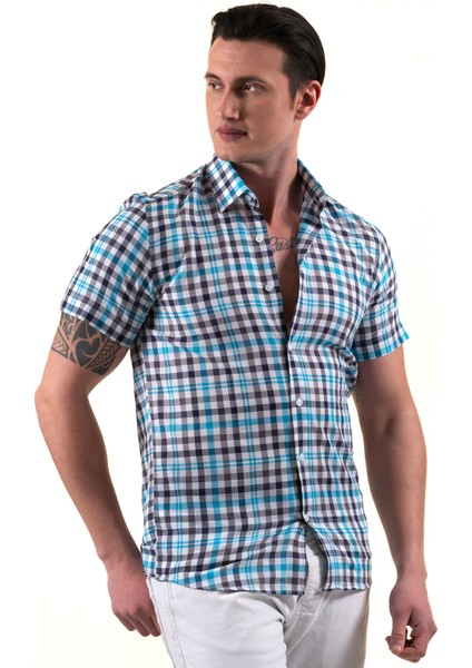 Mavi Turkuaz Beyaz Ekose Kareli Pamuk Slim Fit Kısa Kollu Yazlık Gömlek