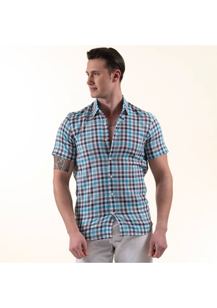 Mavi Turkuaz Beyaz Ekose Kareli Pamuk Slim Fit Kısa Kollu Yazlık Gömlek fiyatları