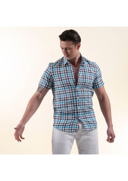 Mavi Turkuaz Beyaz Ekose Kareli Pamuk Slim Fit Kısa Kollu Yazlık Gömlek modelleri