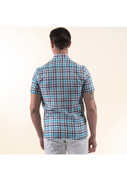 Mavi Turkuaz Beyaz Ekose Kareli Pamuk Slim Fit Kısa Kollu Yazlık Gömlek fırsatları