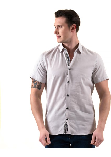 Gri Yaka Içi ve Göğüs Garni Pat Çiçek Baskı Detaylı Pamuk Slim Fit Kısa Kollu Yazlık Gömlek