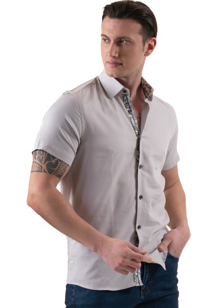 Gri Yaka Içi ve Göğüs Garni Pat Çiçek Baskı Detaylı Pamuk Slim Fit Kısa Kollu Yazlık Gömlek