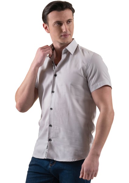 Gri Yaka Içi ve Göğüs Garni Pat Çiçek Baskı Detaylı Pamuk Slim Fit Kısa Kollu Yazlık Gömlek