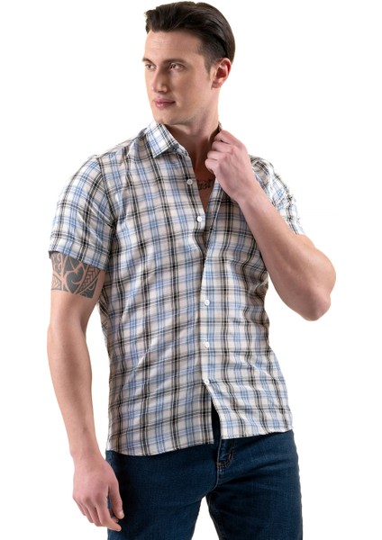 Mavi Siyah Beyaz Ekose Kareli Slim Fit Kısa Kollu Yazlık Gömlek