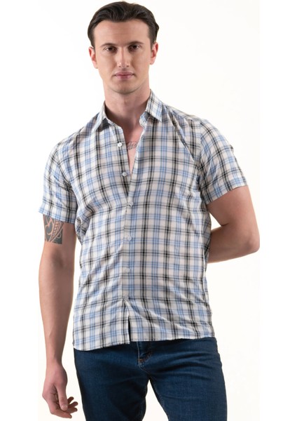 Mavi Siyah Beyaz Ekose Kareli Slim Fit Kısa Kollu Yazlık Gömlek fiyatları