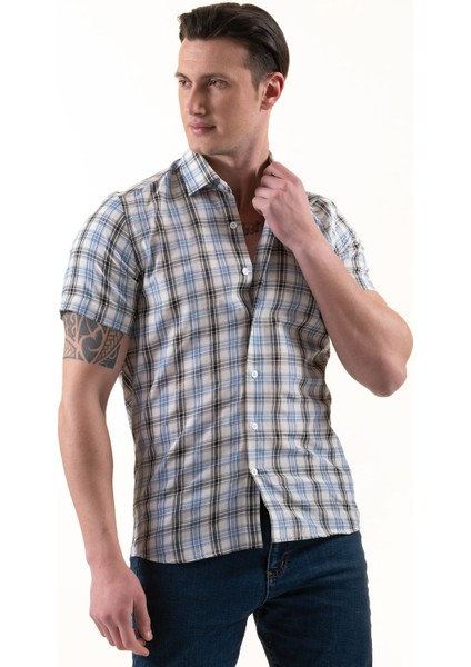 Mavi Siyah Beyaz Ekose Kareli Slim Fit Kısa Kollu Yazlık Gömlek modelleri