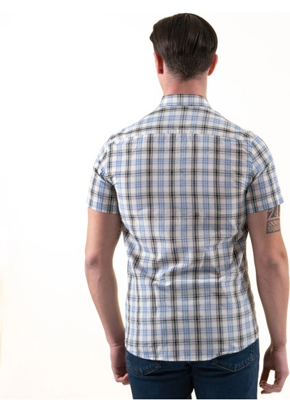 Mavi Siyah Beyaz Ekose Kareli Slim Fit Kısa Kollu Yazlık Gömlek fırsatları
