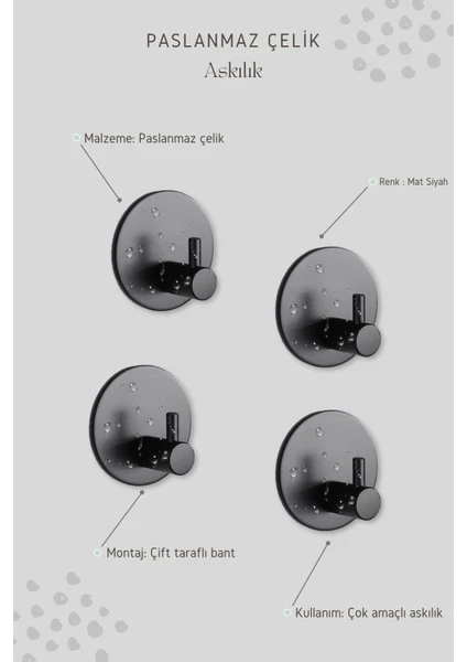 Zift Unique 4 Adet Oval Paslanmaz Çelik Siyah Banyo Askısı Bornoz Askısı Havlu Askısı Lif Askı Havluluk