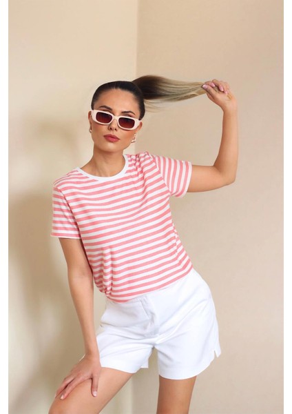 Kadın Pembe Beyaz Çizgili Basic T-Shirt