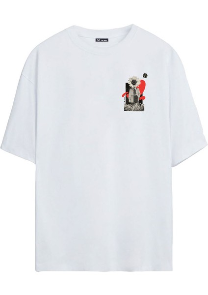 Unisex Papatya Baskılı Beyaz Oversize Tshirt