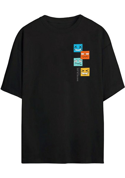 Unisex Colourful Faces Baskılı Siyah Oversize Tshirt