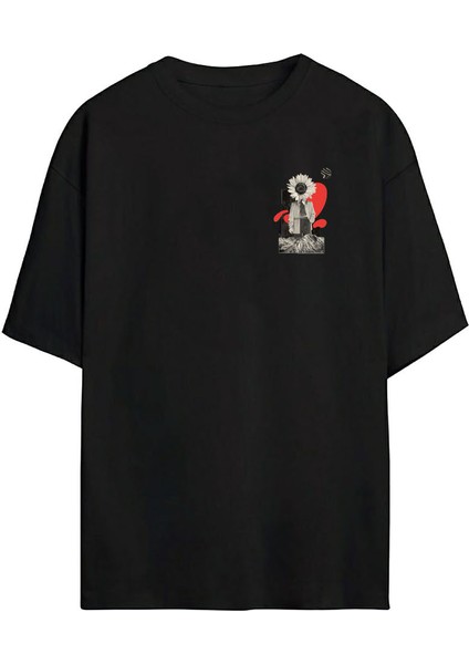 Unisex Papatya Baskılı Siyah Oversize Tshirt