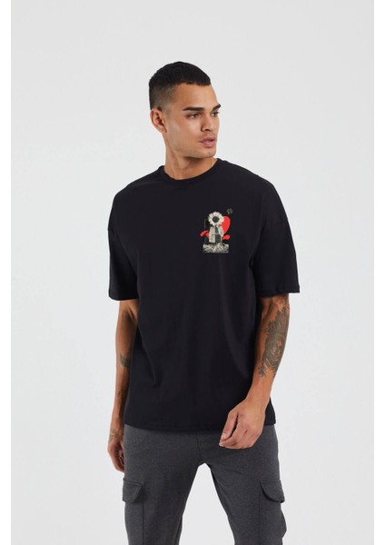 Unisex Papatya Baskılı Siyah Oversize Tshirt fiyatları