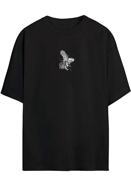 Unisex Kartal Baskılı Siyah Oversize Tshirt