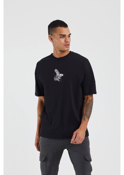 Unisex Kartal Baskılı Siyah Oversize Tshirt fiyatları