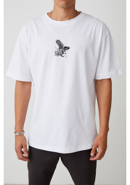 Unisex Kartal Baskılı Beyaz Oversize Tshirt