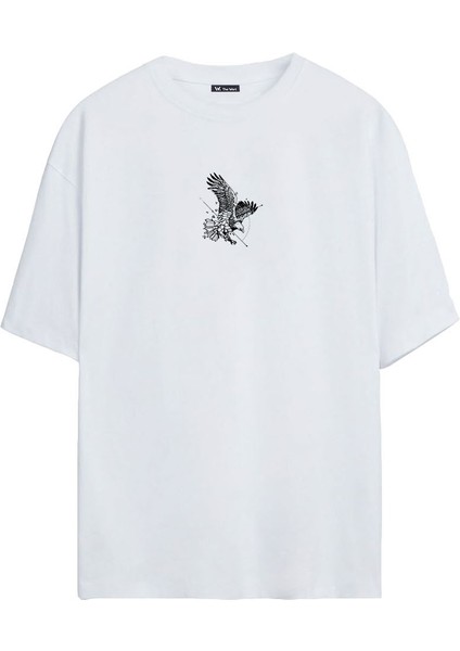 Unisex Kartal Baskılı Beyaz Oversize Tshirt